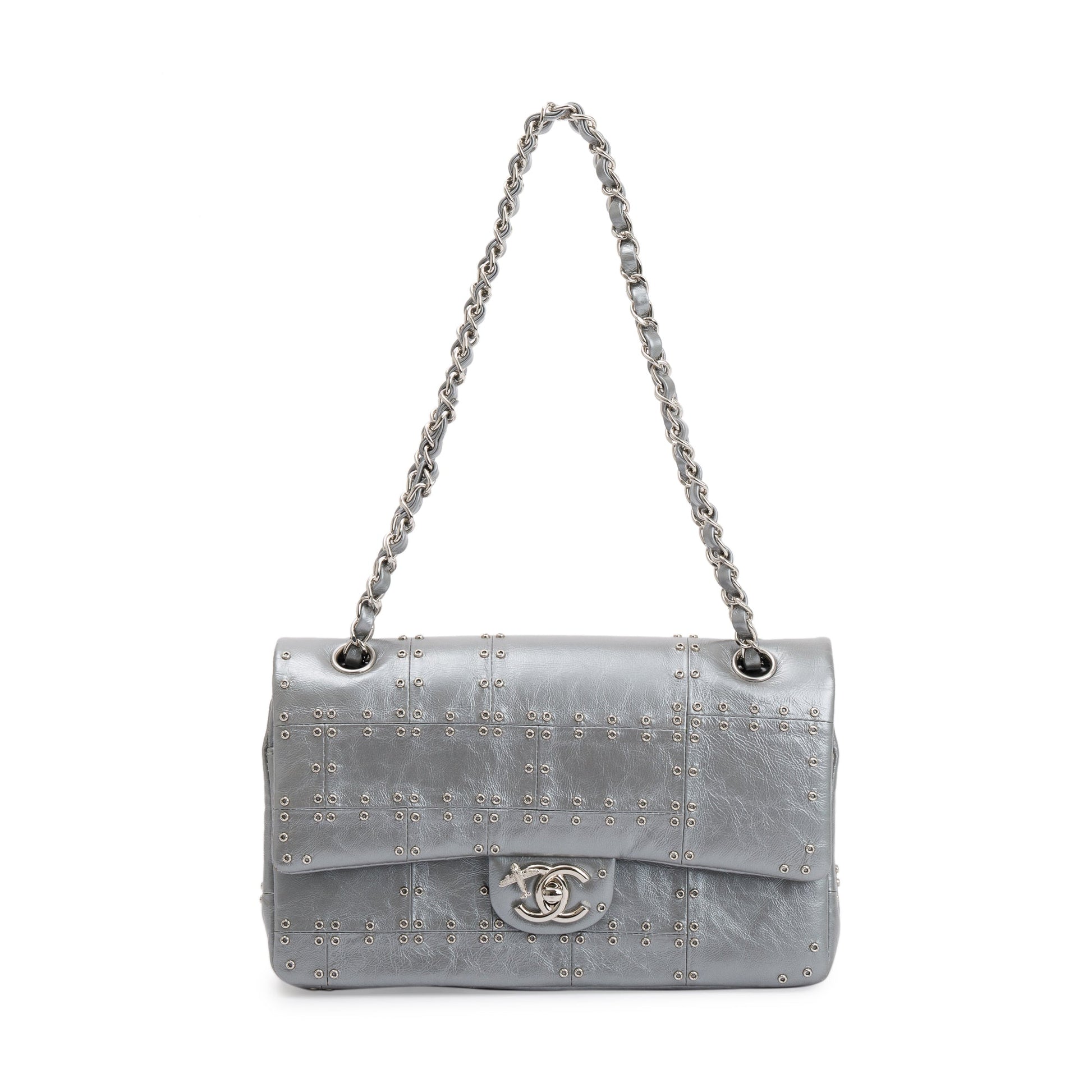 Louis Vuitton Chanel Grommet Airline Double Flap Leather Calfskin Silver Travel Bag