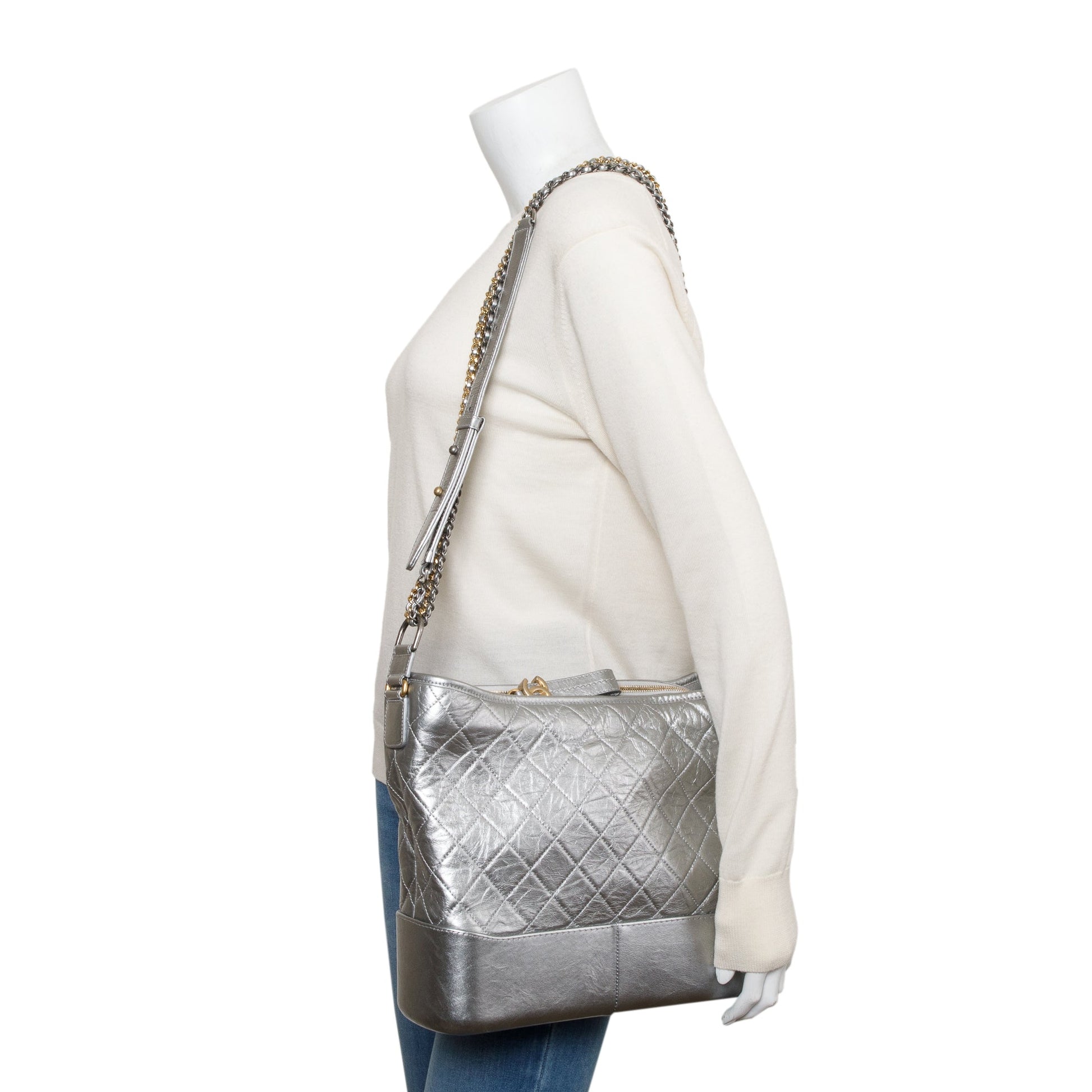 Louis Vuitton Chanel rielle Hobo Leather Calfskin Silver Travel Bag