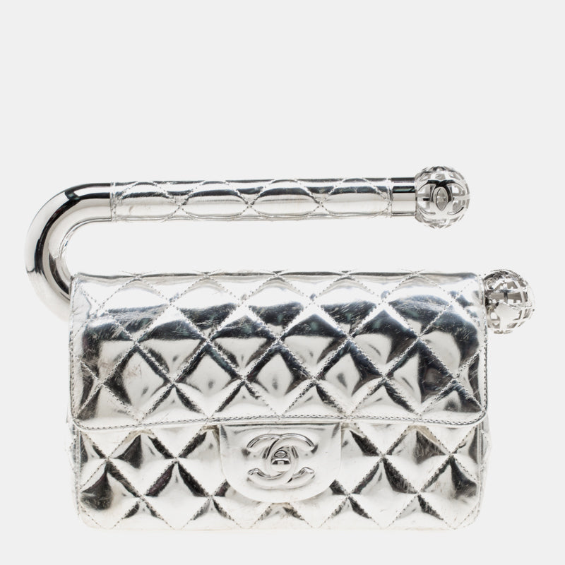 Chanel QUILTED AROUND WORLD Silver Leather Clutch Bag