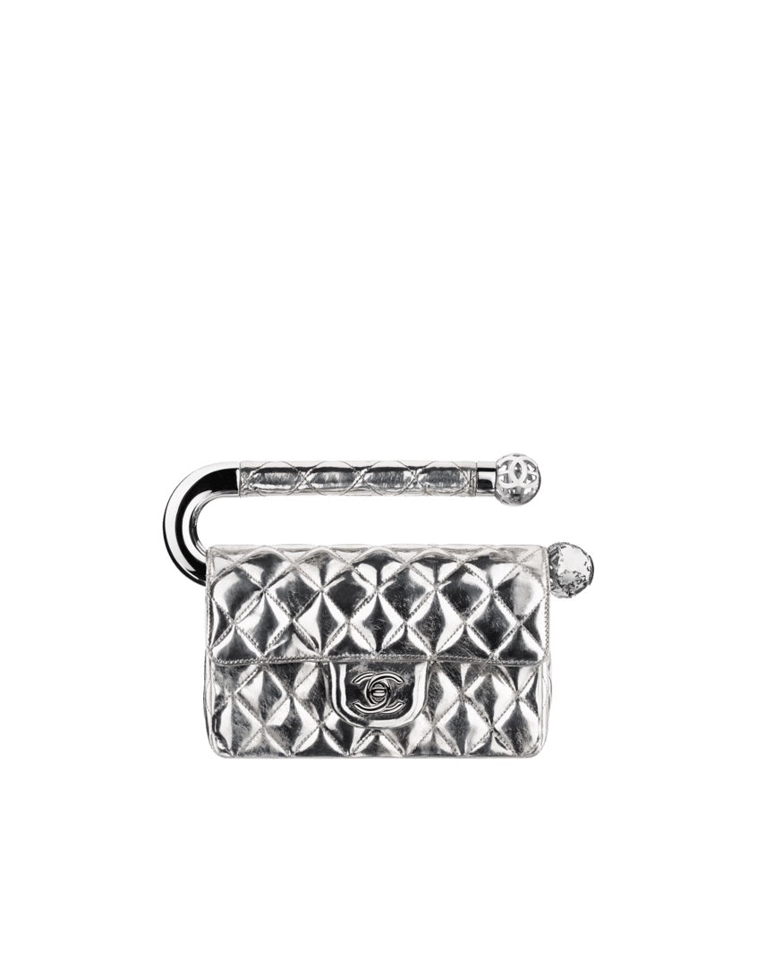 Chanel QUILTED AROUND WORLD Silver Leather Clutch Bag