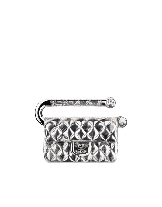 Chanel QUILTED AROUND WORLD Silver Leather Clutch Bag