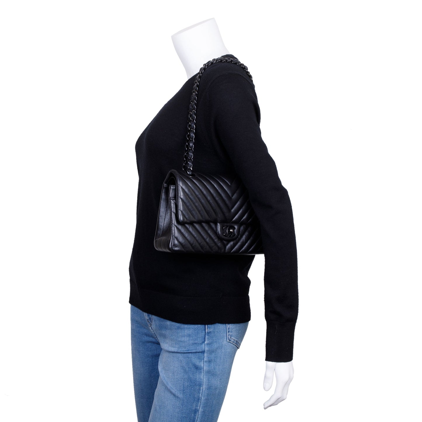 Chanel So Chevron Classic Double Flap Leather Calfskin Black Travel Bag