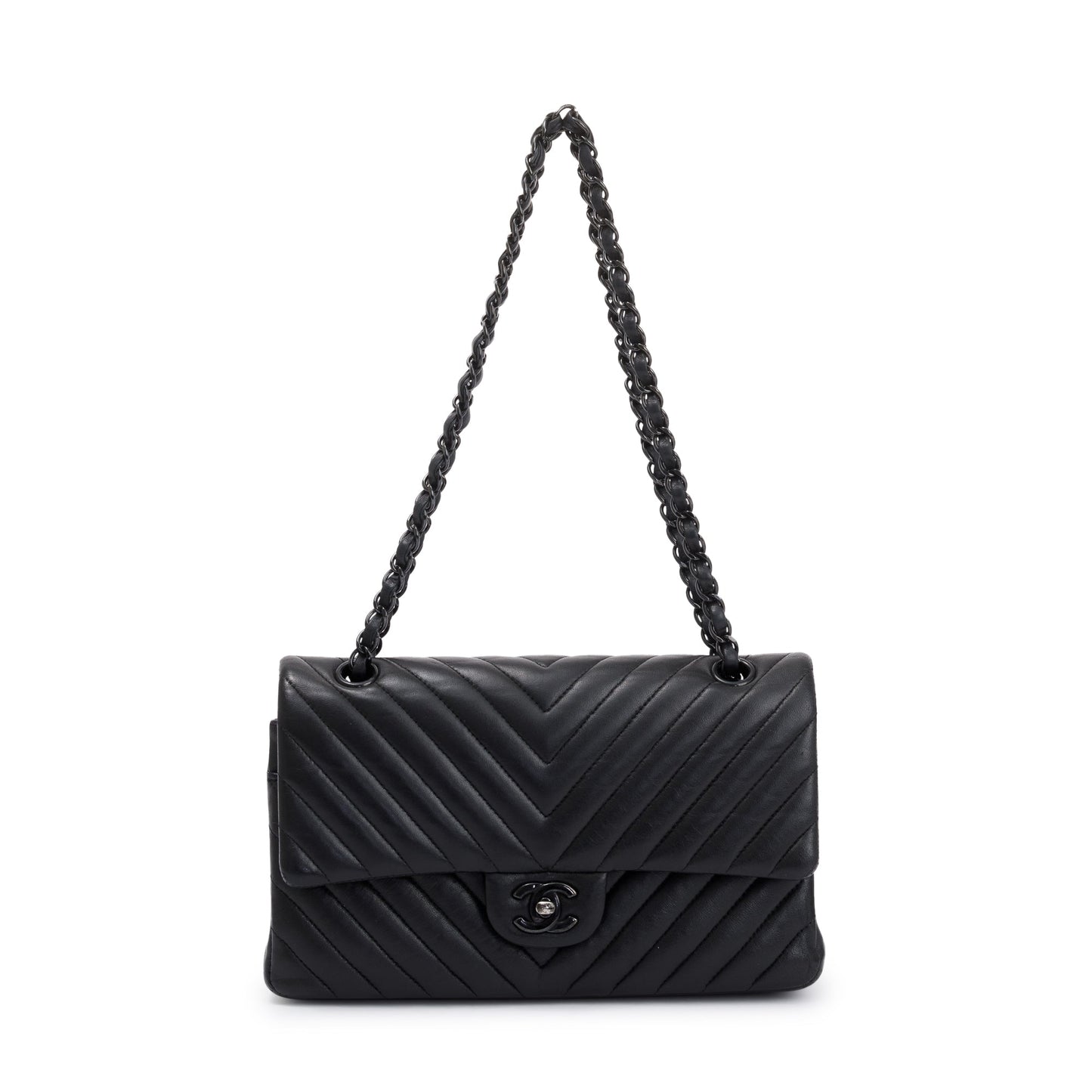 Chanel So Chevron Classic Double Flap Leather Calfskin Black Travel Bag