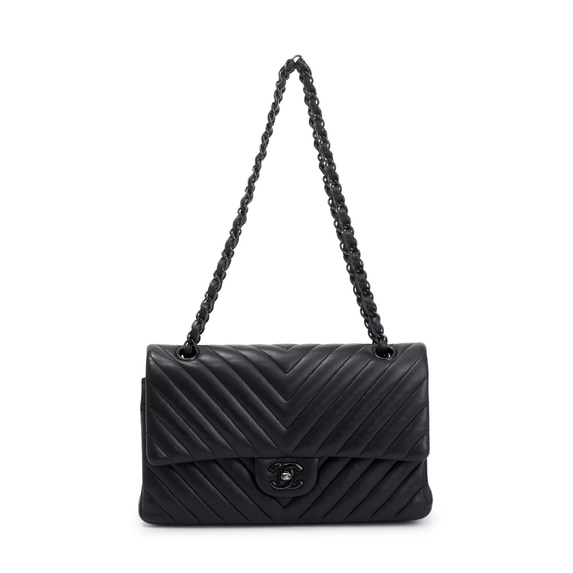 Chanel So Chevron Classic Double Flap Leather Calfskin Black Travel Bag