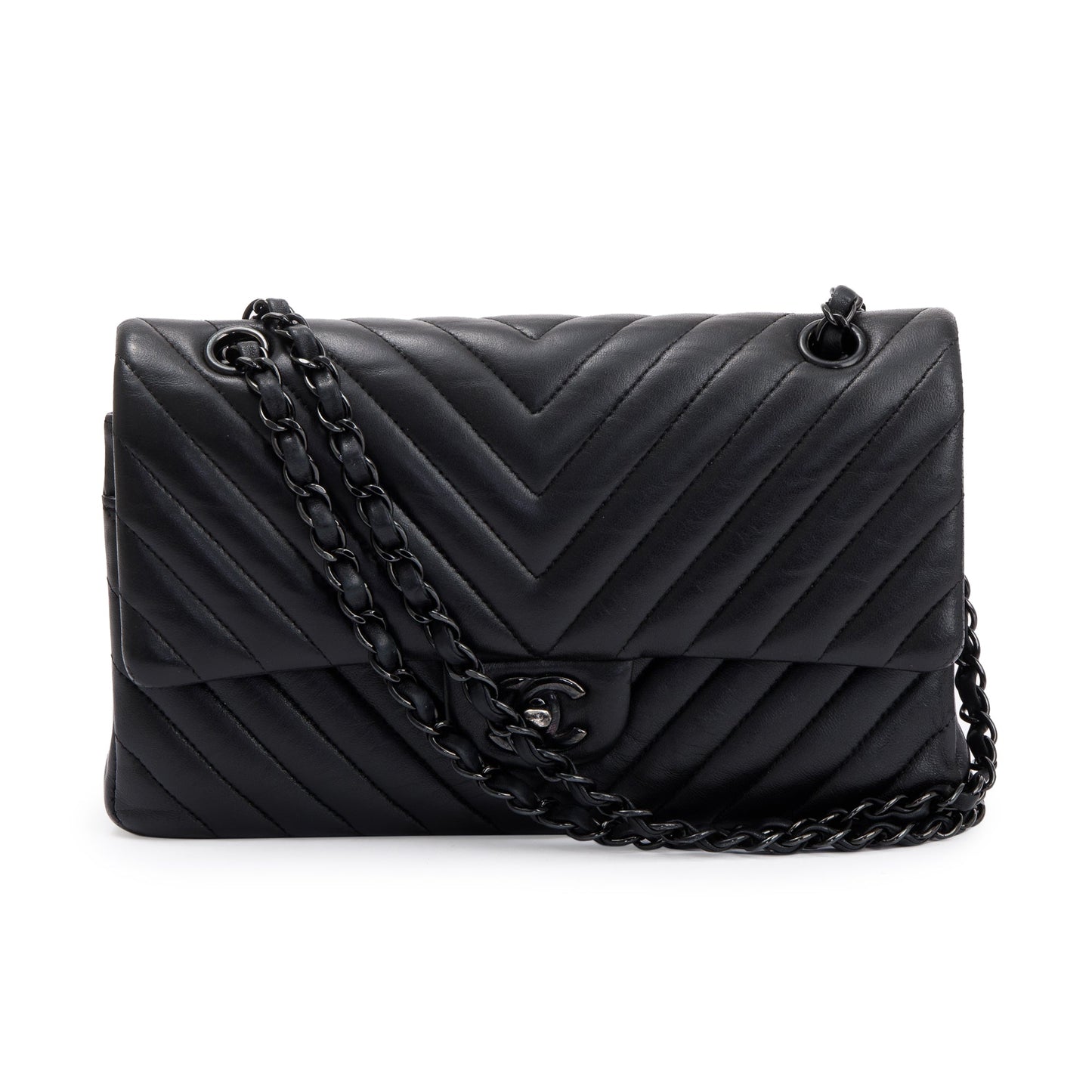 Chanel So Chevron Classic Double Flap Leather Calfskin Black Travel Bag