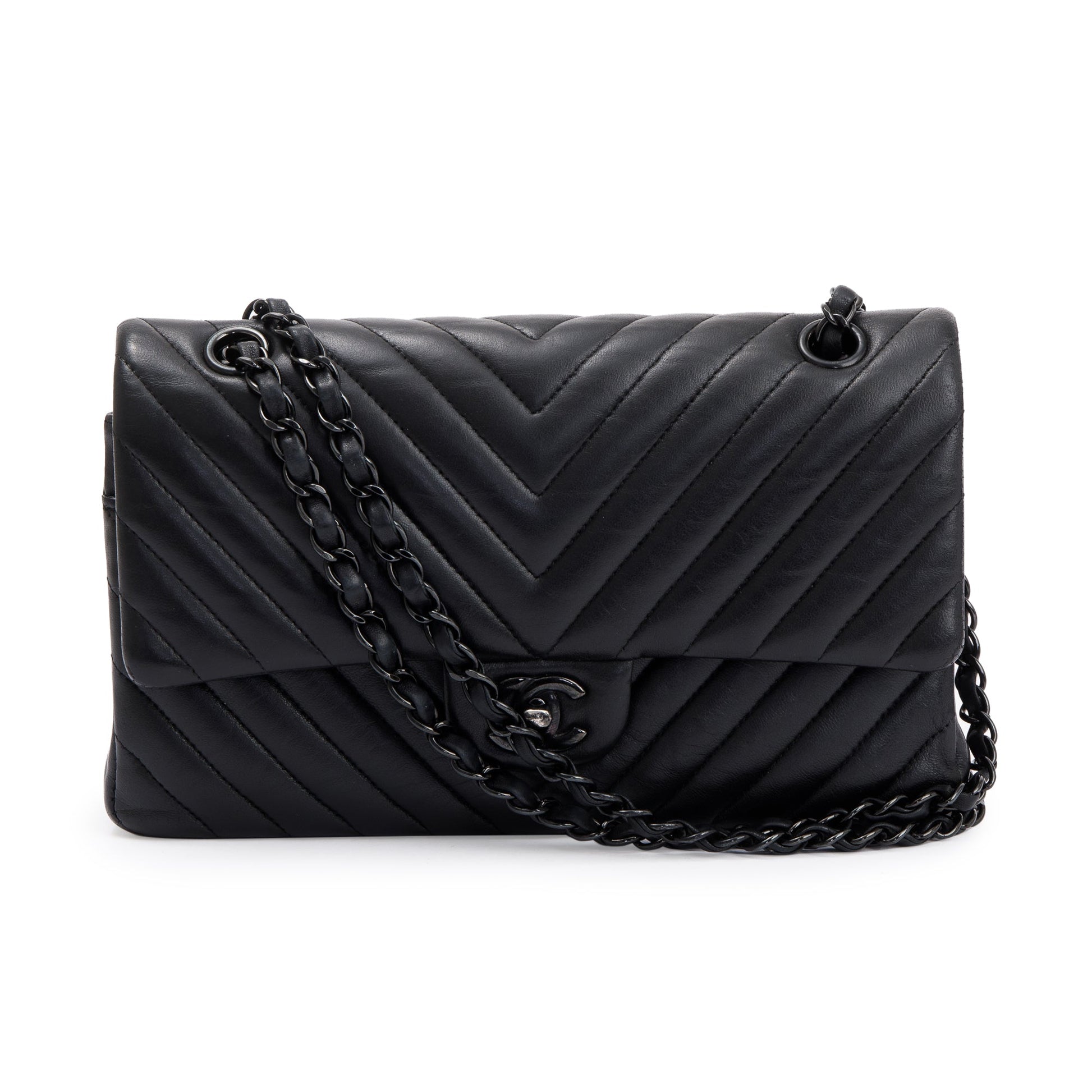 Chanel So Chevron Classic Double Flap Leather Calfskin Black Travel Bag