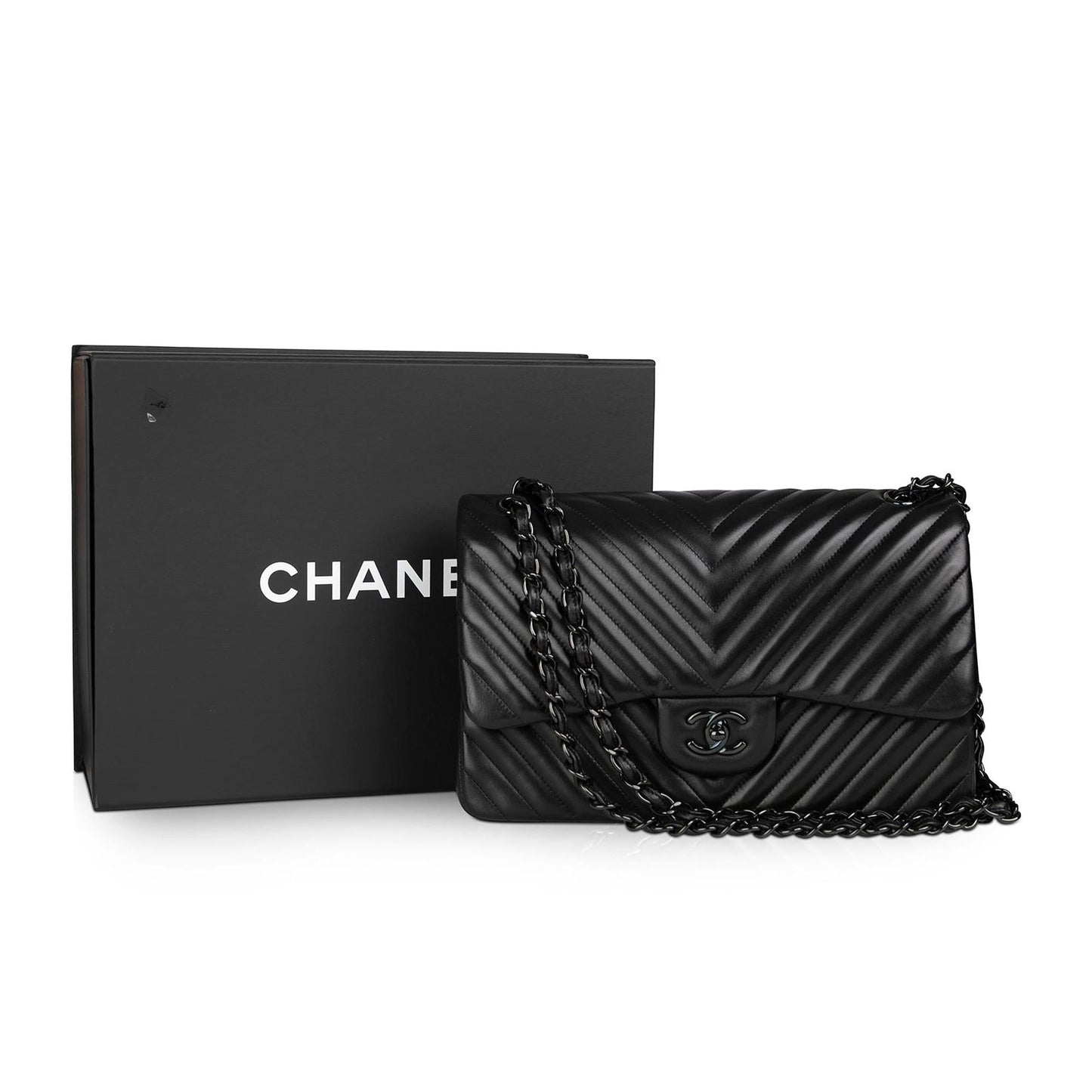 Chanel So Chevron Classic Jumbo Double Black Travel Bag