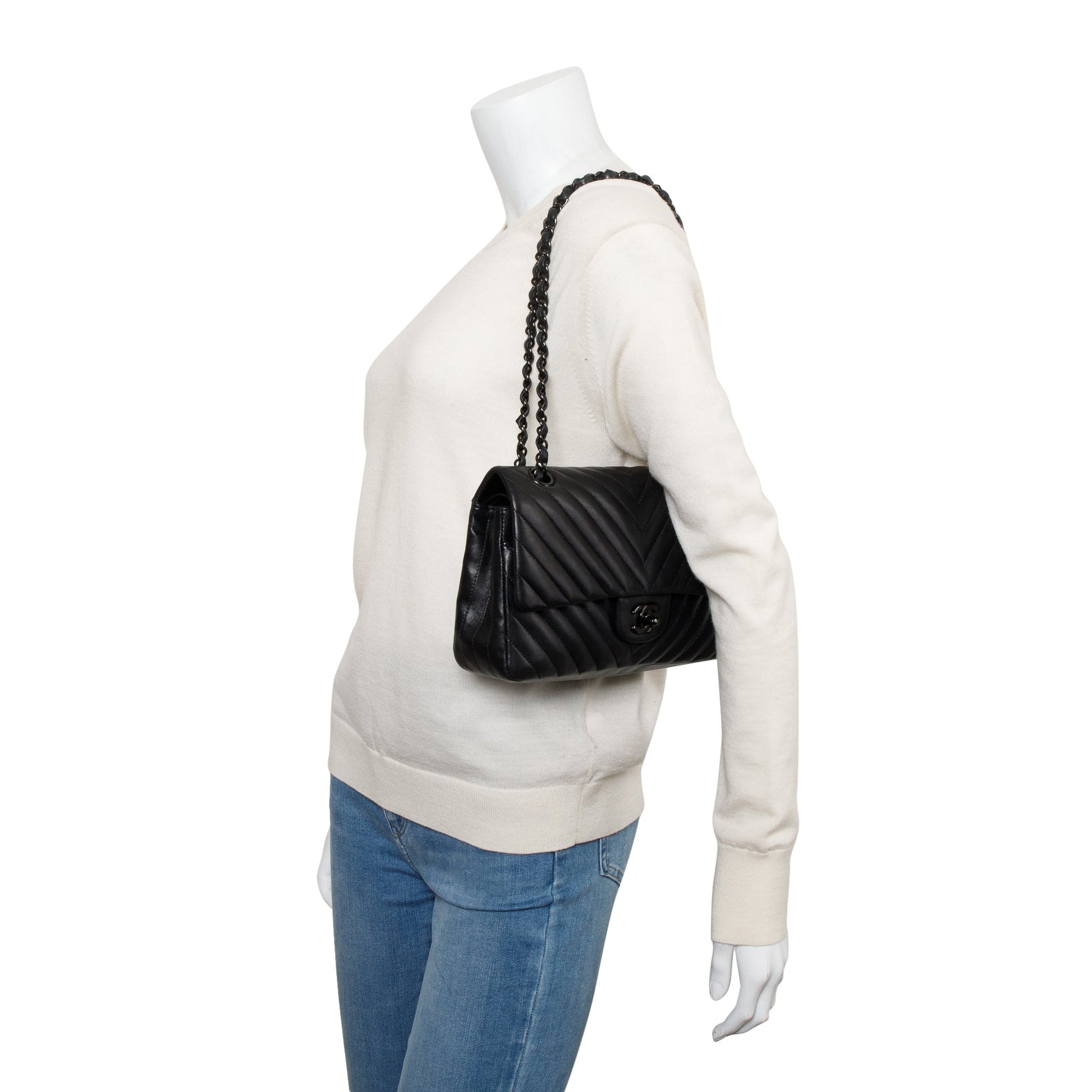 Chanel So Chevron Quilted Classic Double Leather Lambskin Black Travel Bag