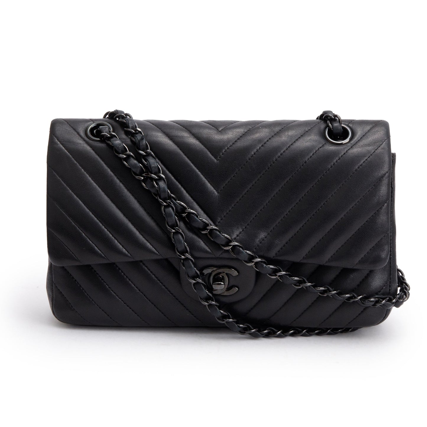 Chanel So Chevron Quilted Classic Double Leather Lambskin Black Travel Bag