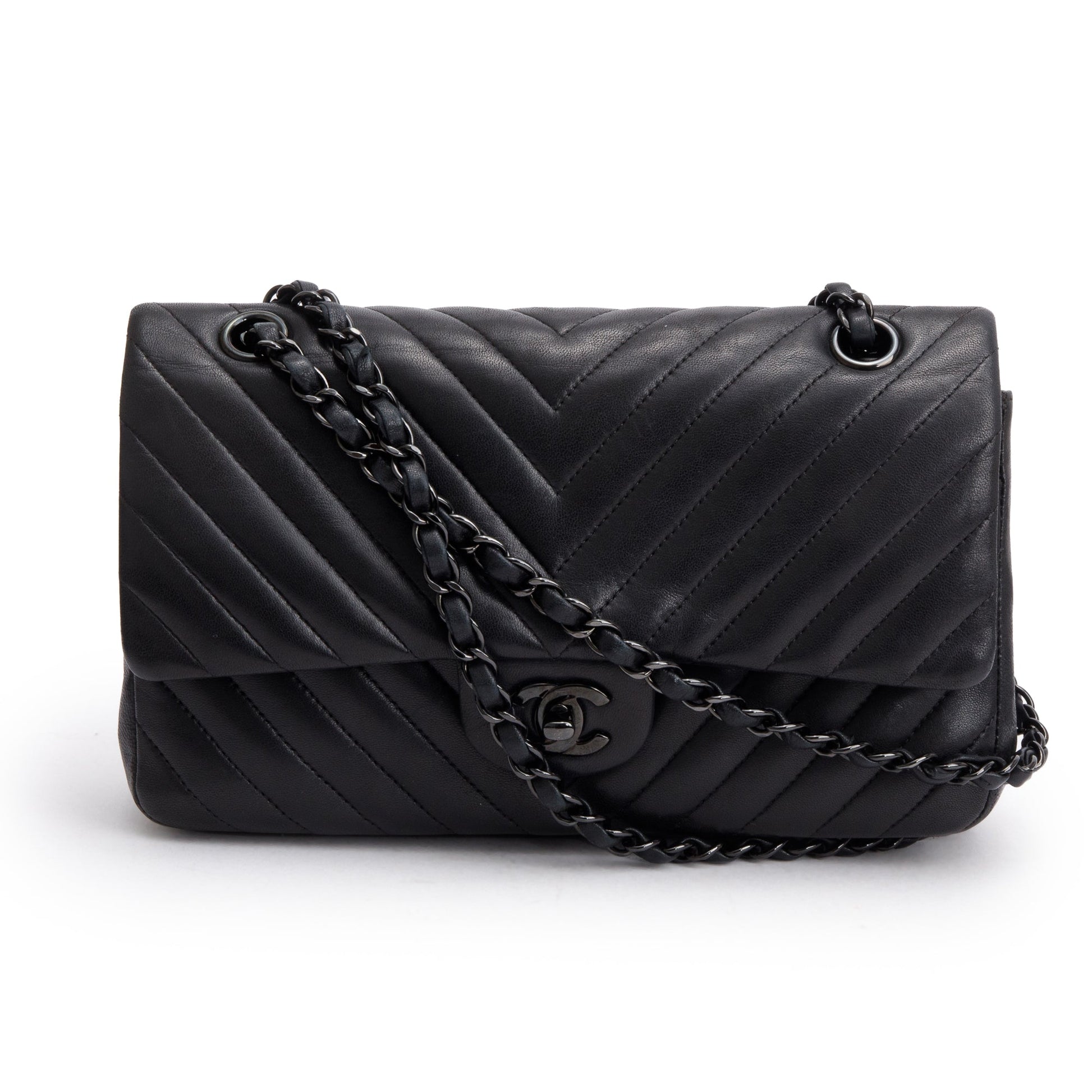 Chanel So Chevron Quilted Classic Double Leather Lambskin Black Travel Bag