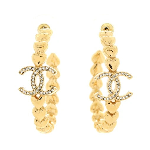 CHANEL STRASS CC CRYSTAL HEART HOOP EARRINGS