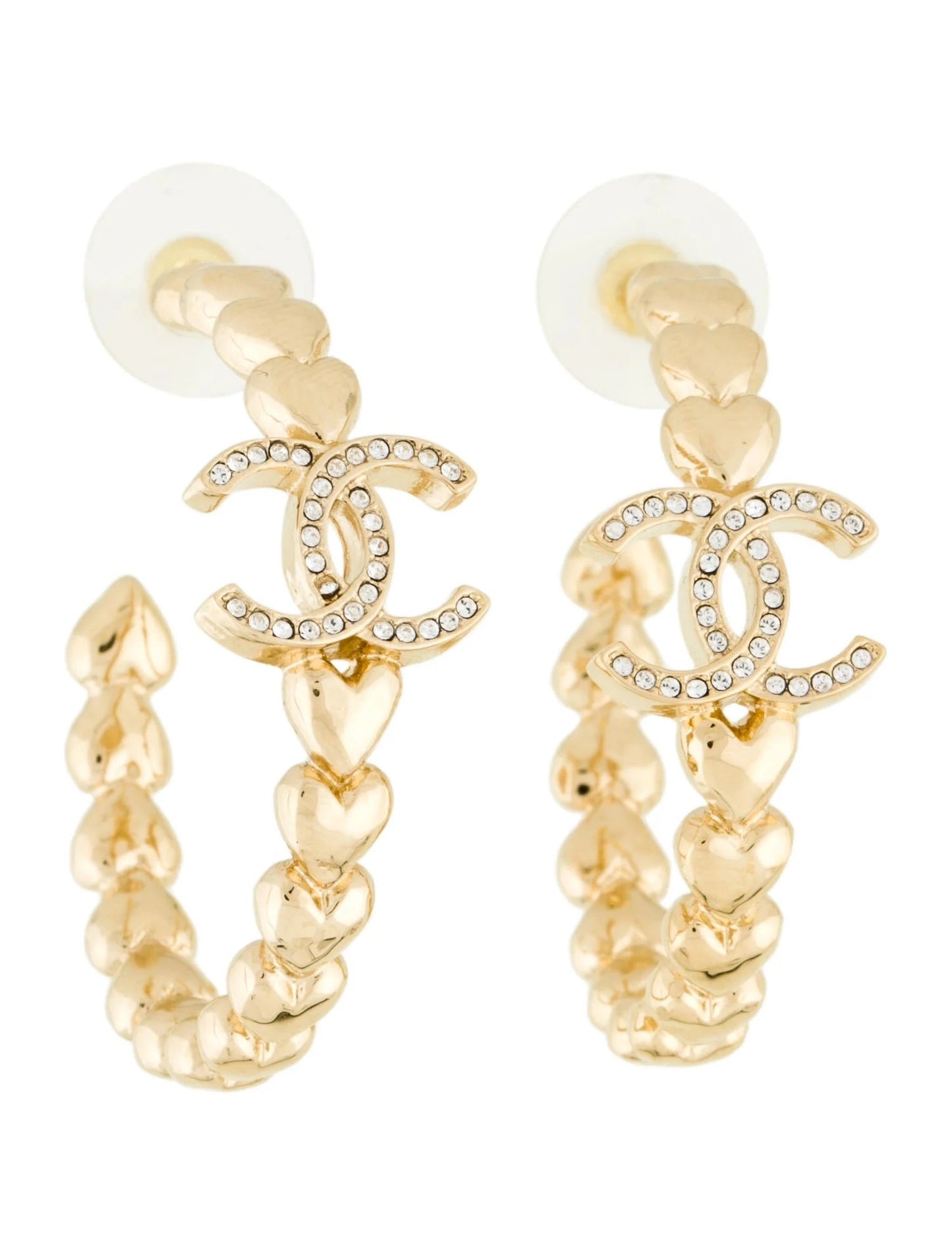 CHANEL STRASS CC CRYSTAL HEART HOOP EARRINGS