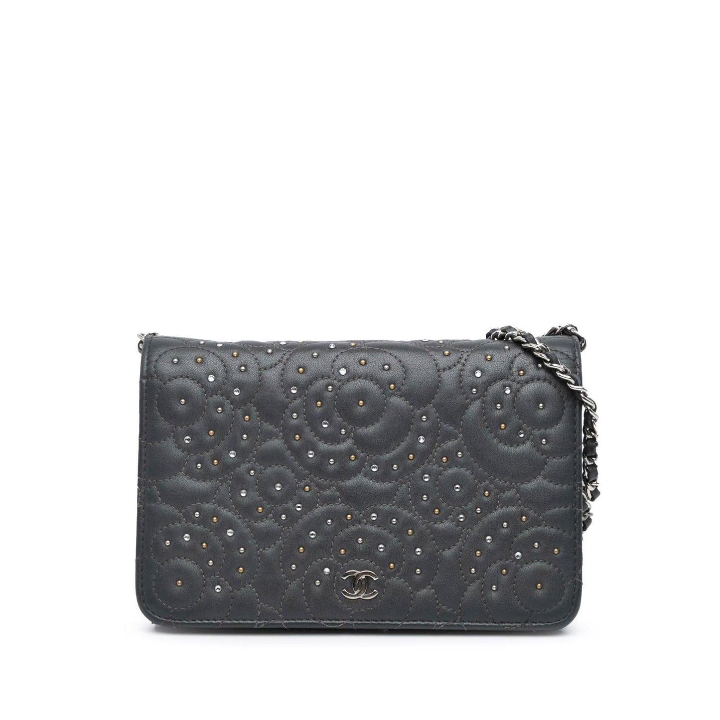 Chanel Studded Lambskin Camellia On Wallet Case