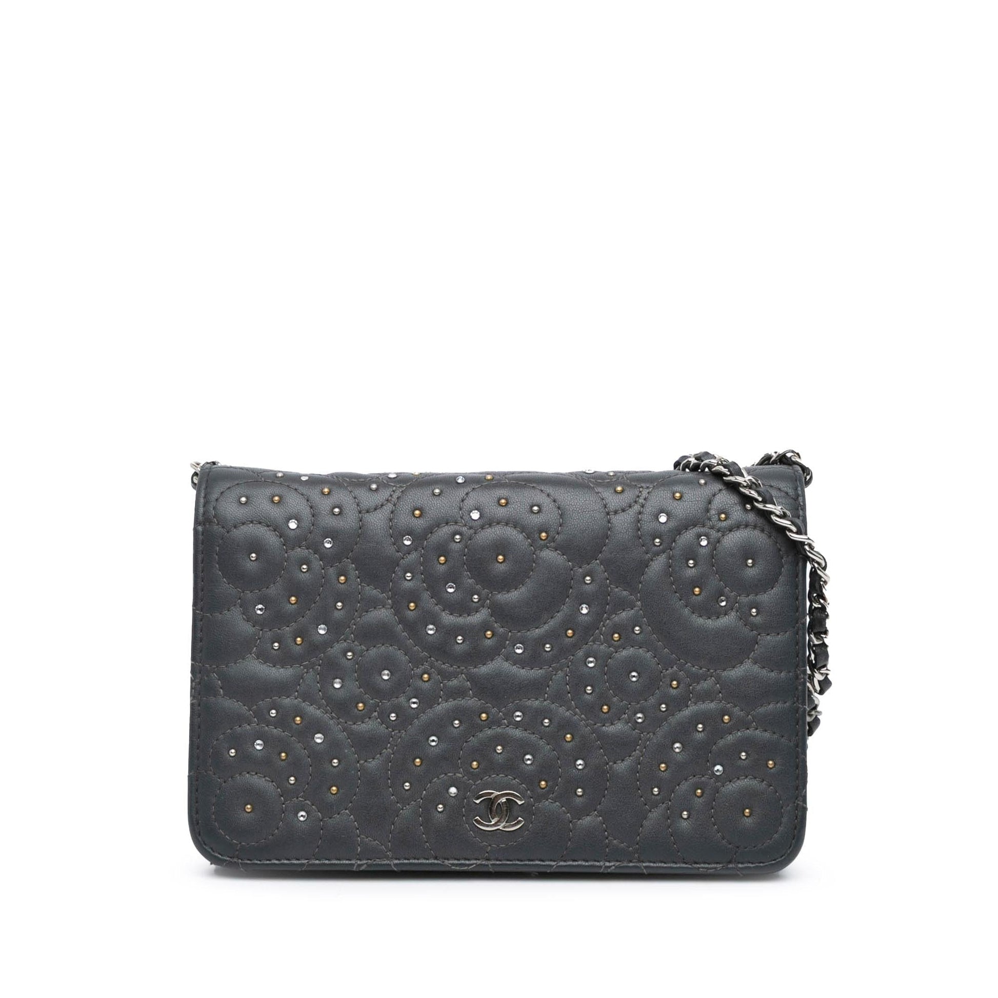 Chanel Studded Lambskin Camellia On Wallet Case