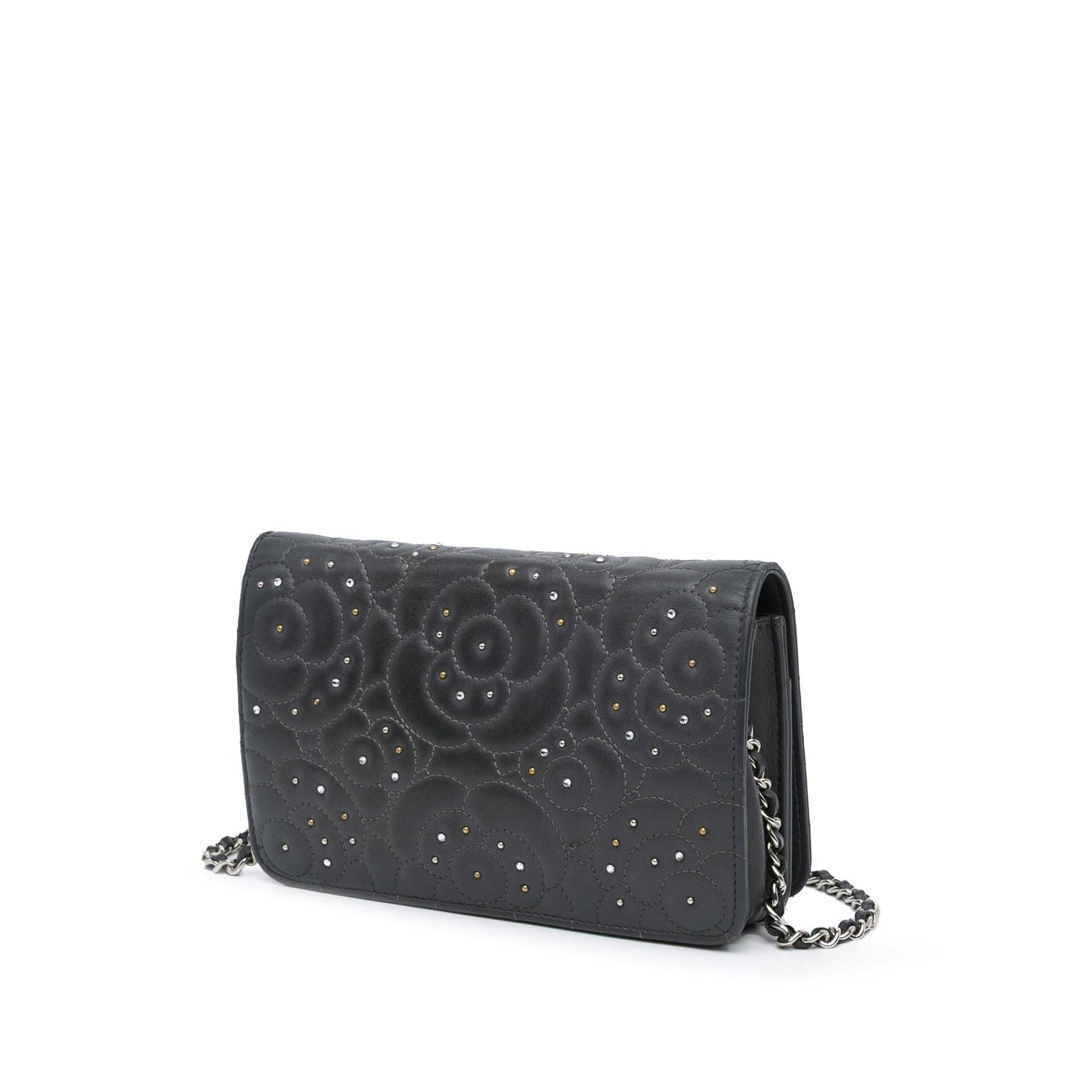 Chanel Studded Lambskin Camellia On Wallet Case