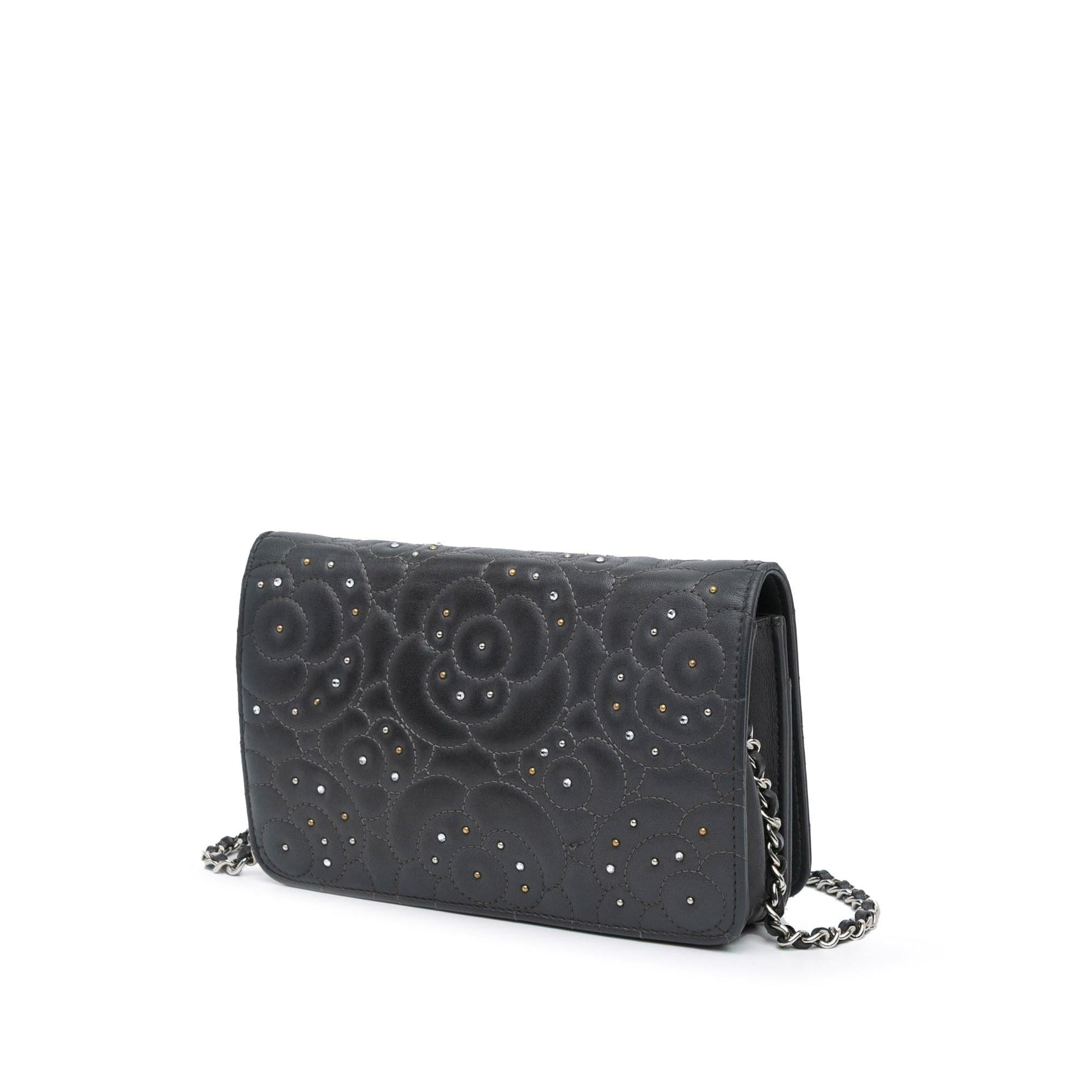 Chanel Studded Lambskin Camellia On Wallet Case