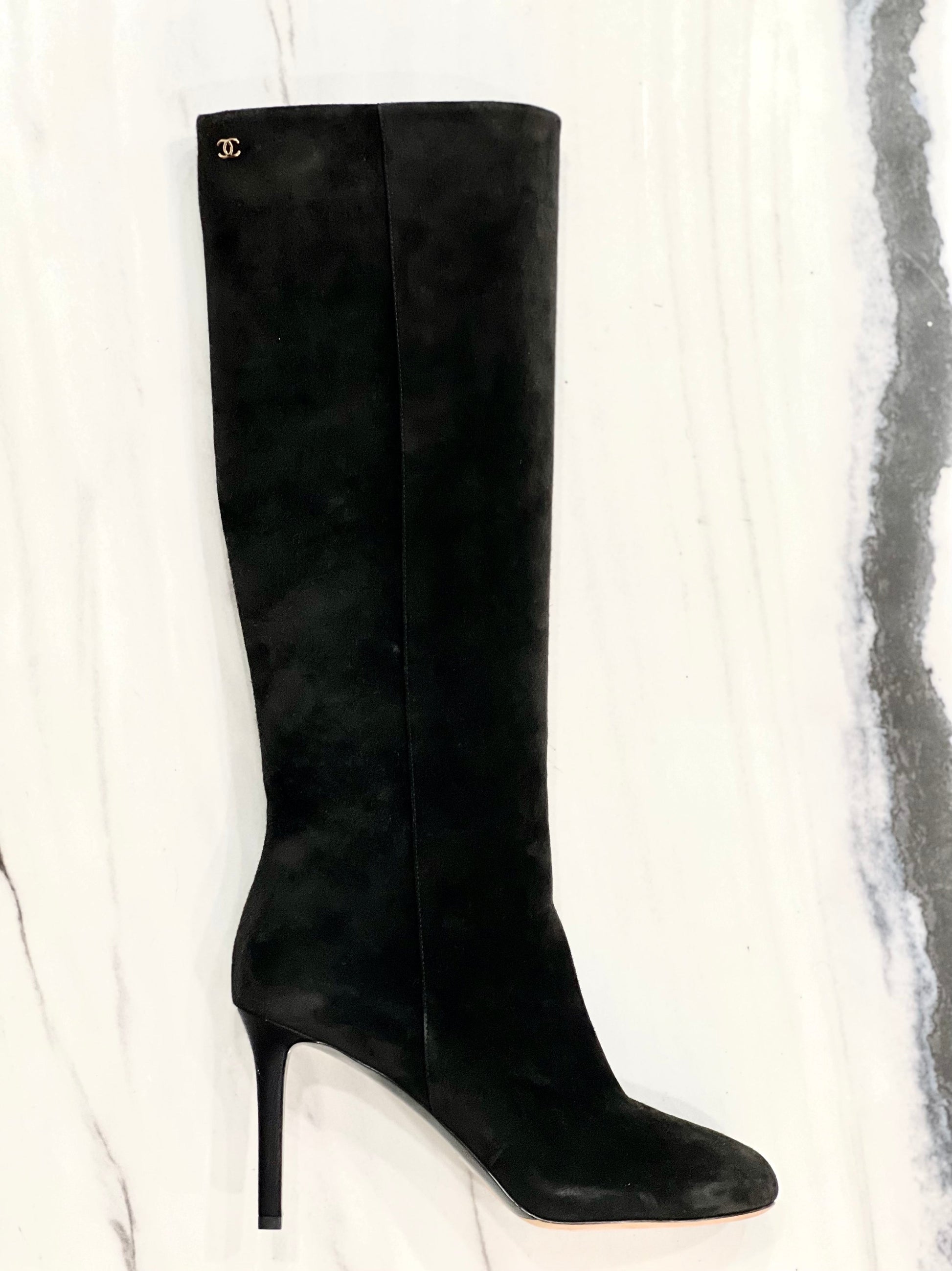 CHANEL CC SUEDE CALFSKIN KNEE HIGH BOOTS
