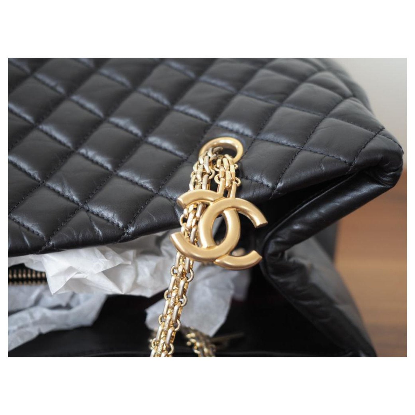 Chanel QUILTED VERTICAL SHOPPING Black Leather Tote Bag