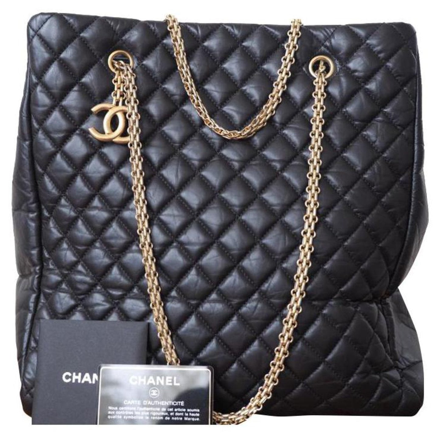 Chanel QUILTED VERTICAL SHOPPING Black Leather Tote Bag