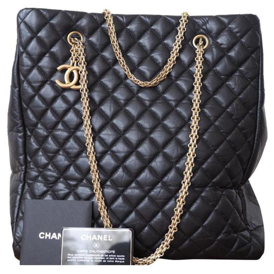 Chanel QUILTED VERTICAL SHOPPING Black Leather Tote Bag