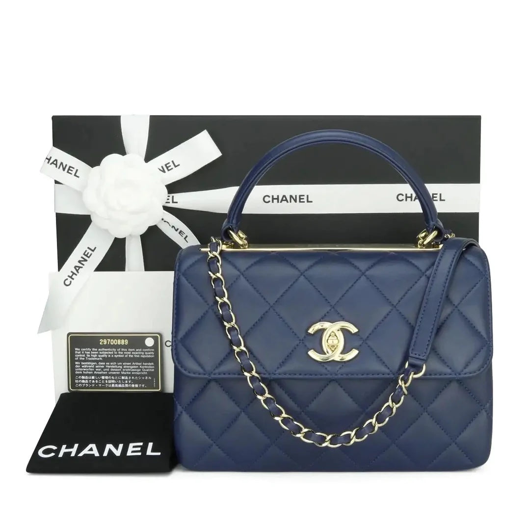 Chanel QUILTED NAVY LAMBSKIN TRENDY CC HANDLE Leather Shoulder Bag