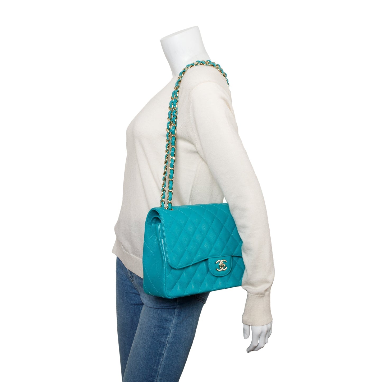 Chanel Turquoise Caviar Classic Jumbo Double Leather Travel Bag