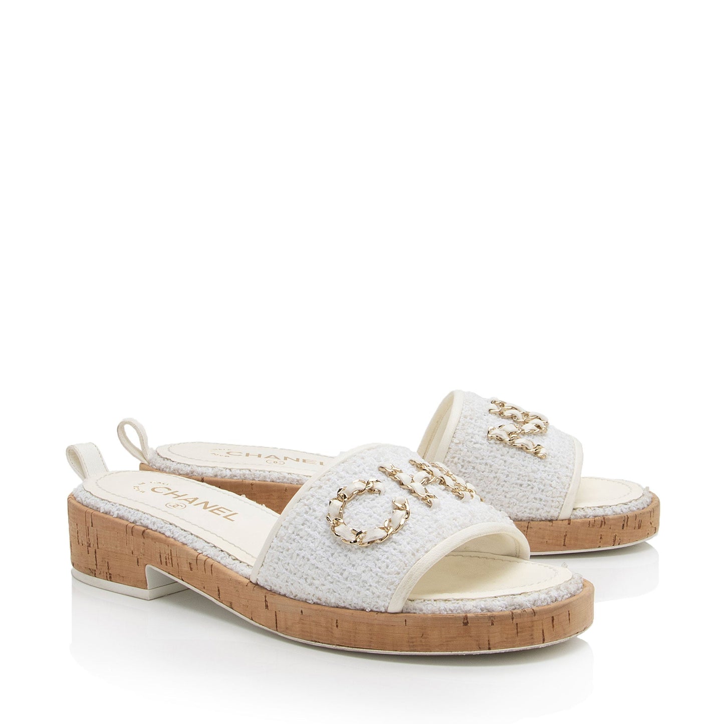 Chanel Tweed Cork Cc Chain Slide Sandals - Size 9.5 39.5 (Shf-76Whqj)