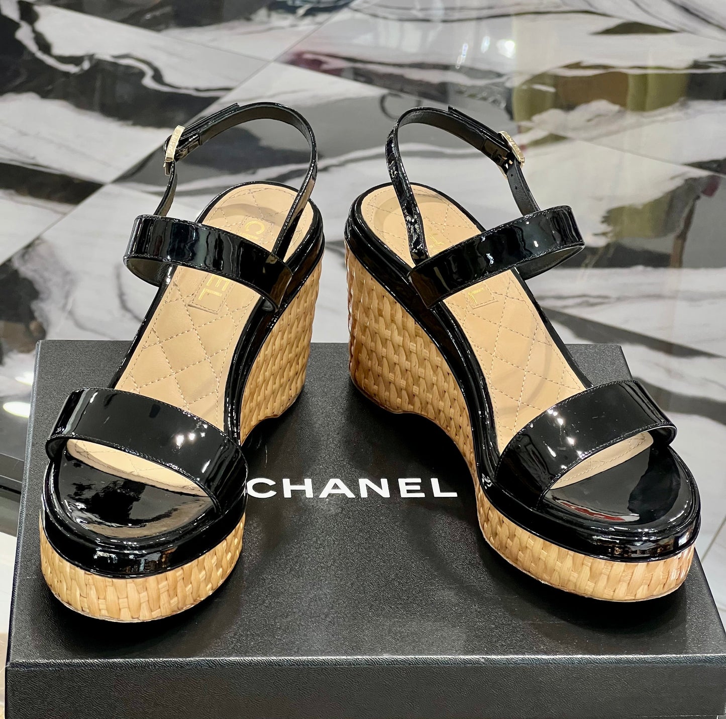 Chanel CC Raffia Platform Wedge Heel Sandals for Women
