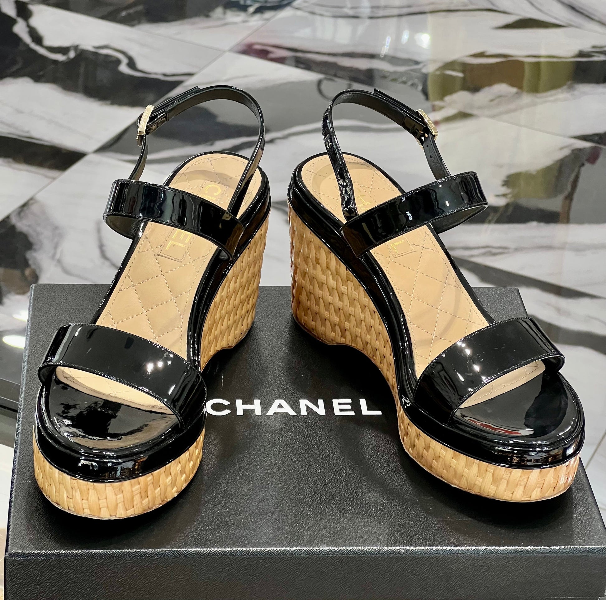 Chanel CC Raffia Platform Wedge Heel Sandals for Women