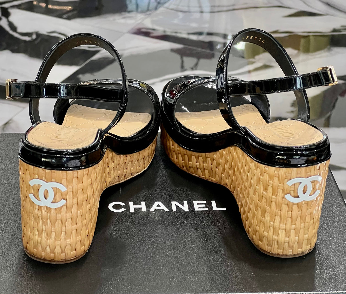 CHANEL CC Raffia Platform Wedge Heel Sandals