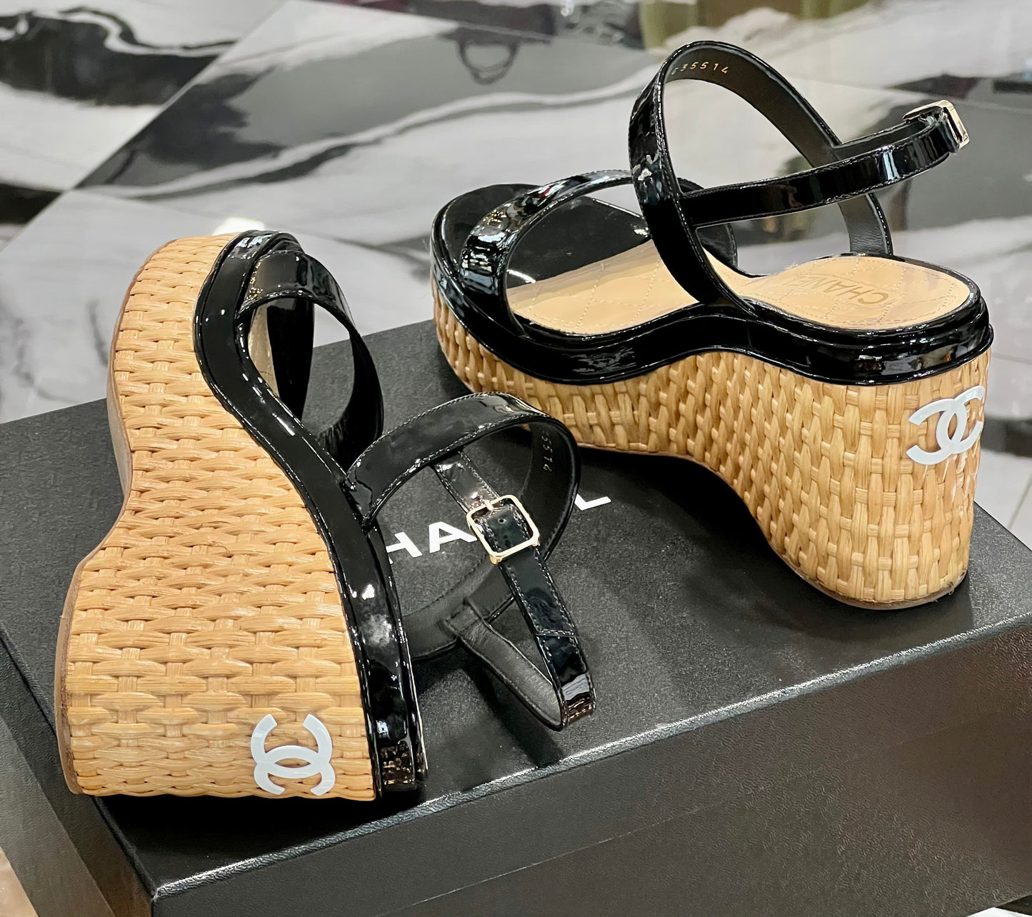 Chanel CC Raffia Platform Wedge Heel Sandals for Women