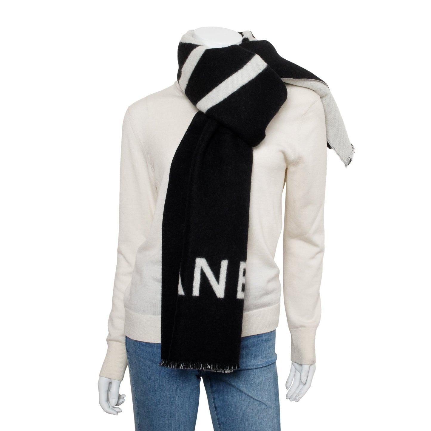 Chanel & CC Logo Cashmere Scarf Black White