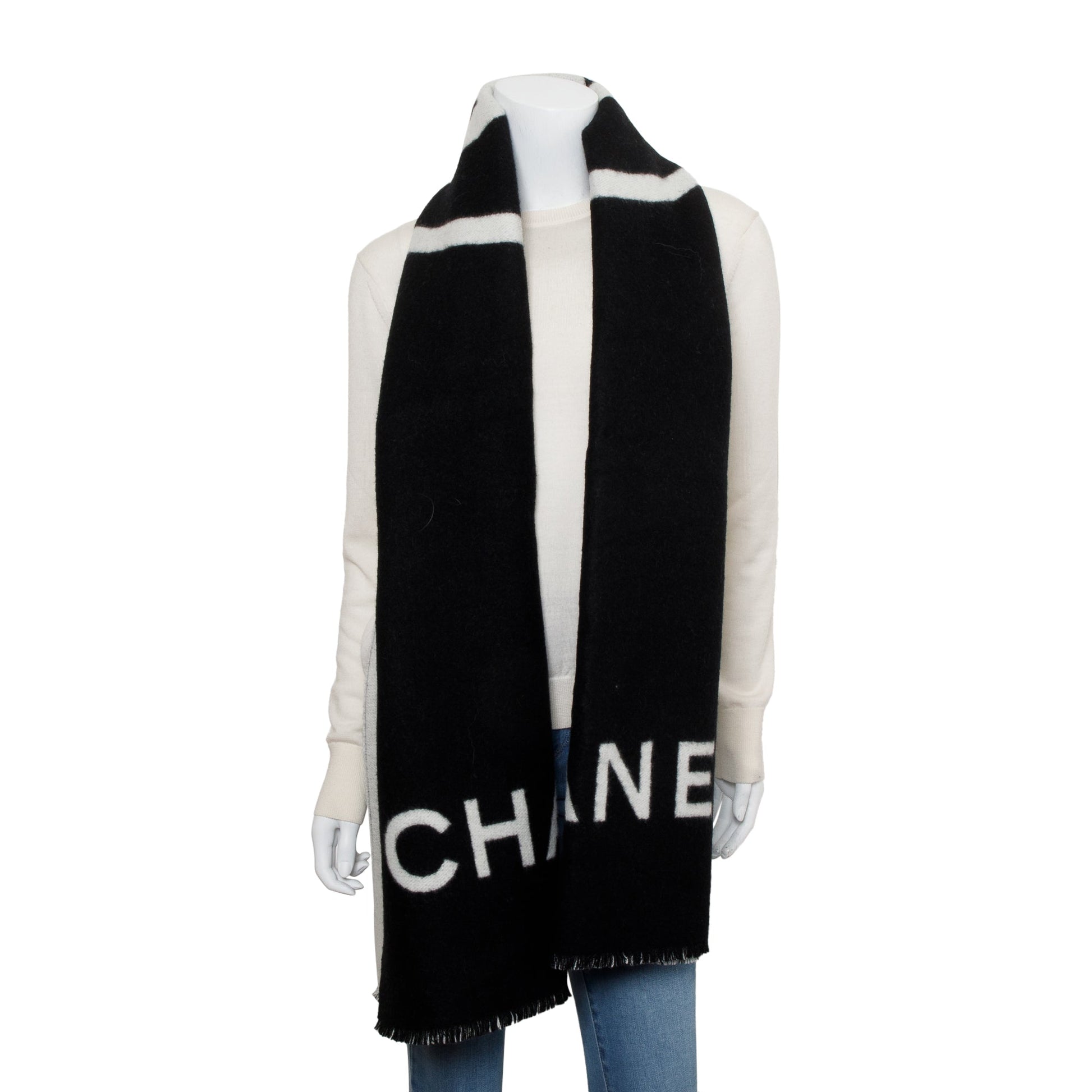 Chanel & CC Logo Cashmere Scarf Black White