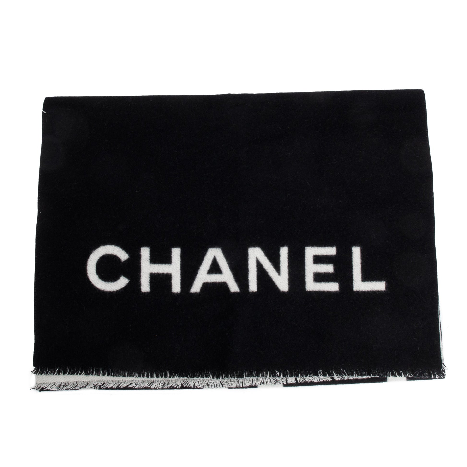 Chanel & CC Logo Cashmere Scarf Black White
