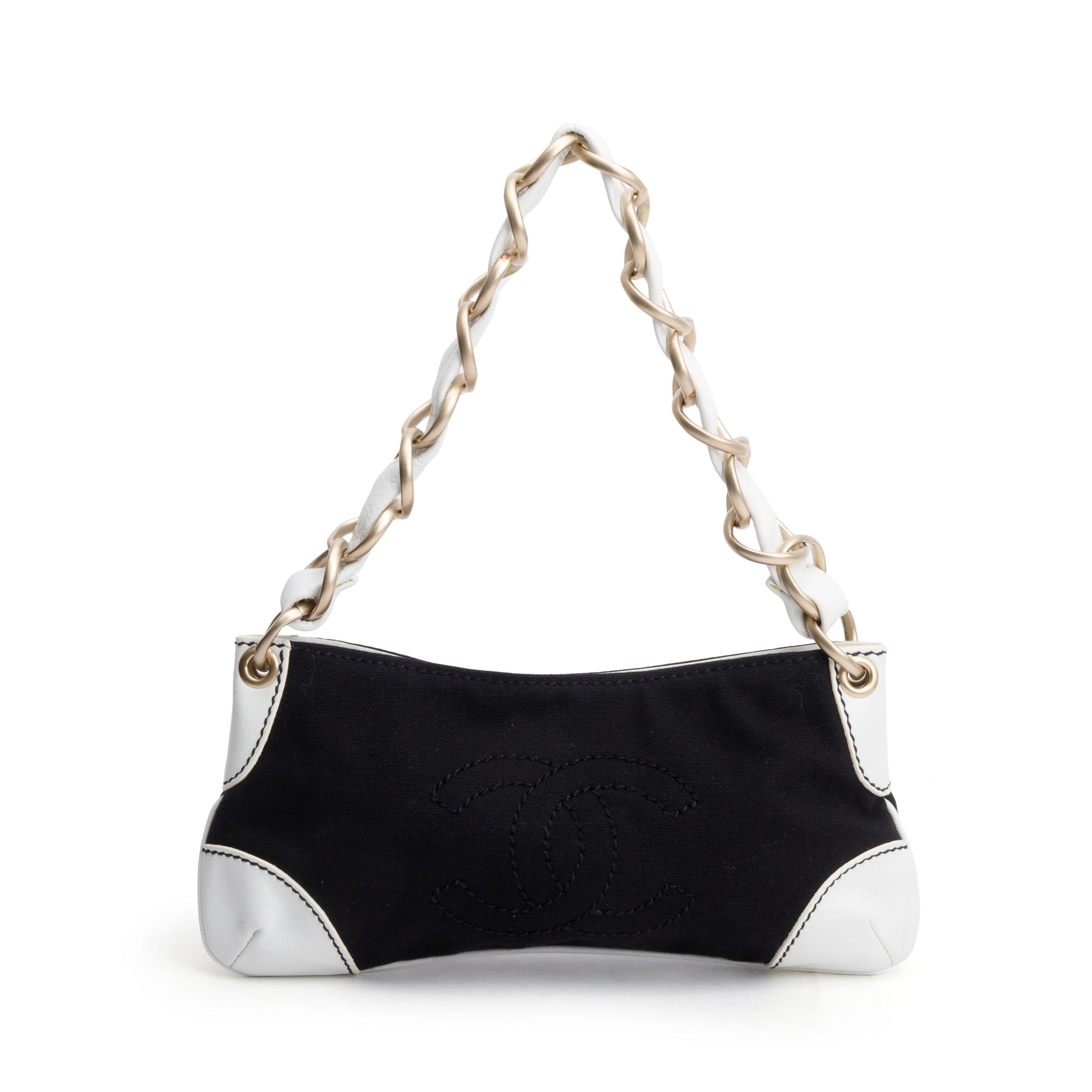 Chanel Trim Olsen CC Pochette Canvas Leather Calfskin Black Travel Bag