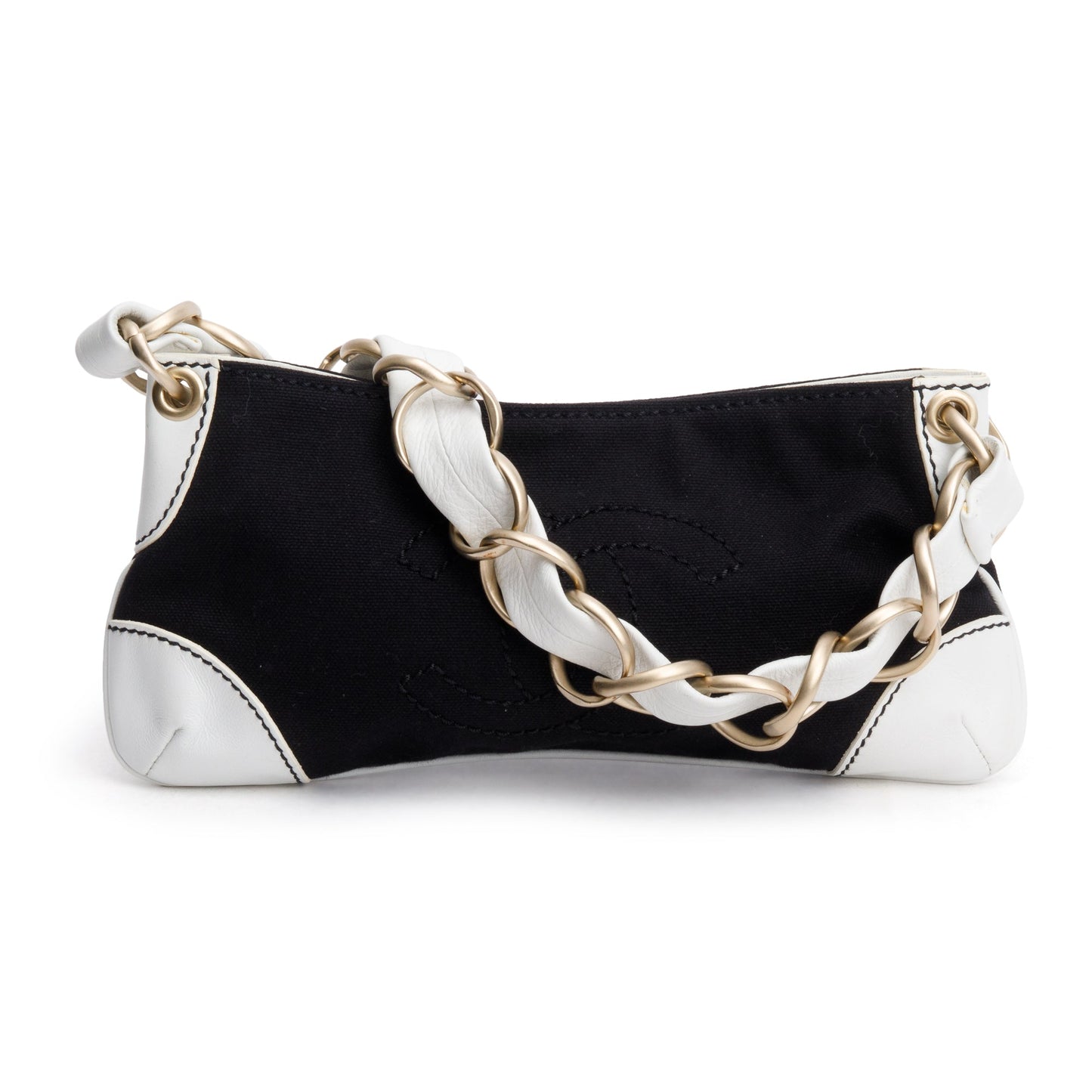 Chanel Trim Olsen CC Pochette Canvas Leather Calfskin Black Travel Bag