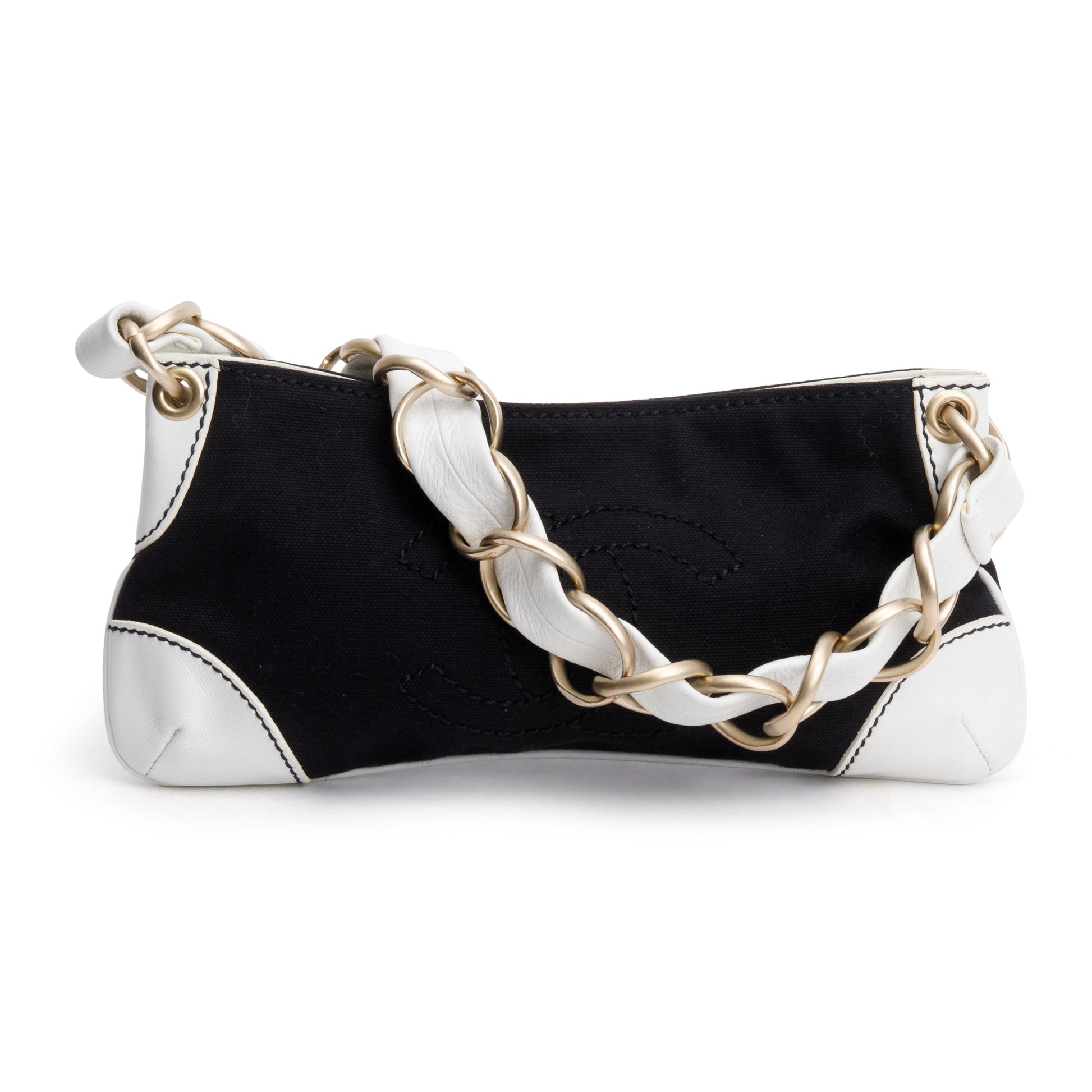 Chanel Trim Olsen CC Pochette Canvas Leather Calfskin Black Travel Bag