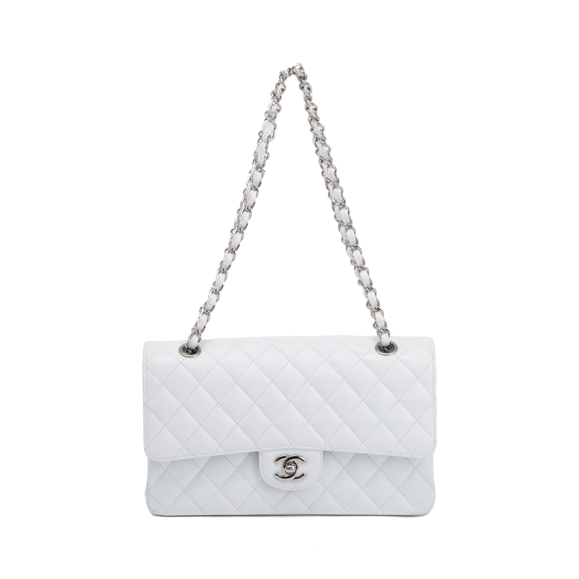 Chanel Caviar Classic Double Flap White Travel Bag