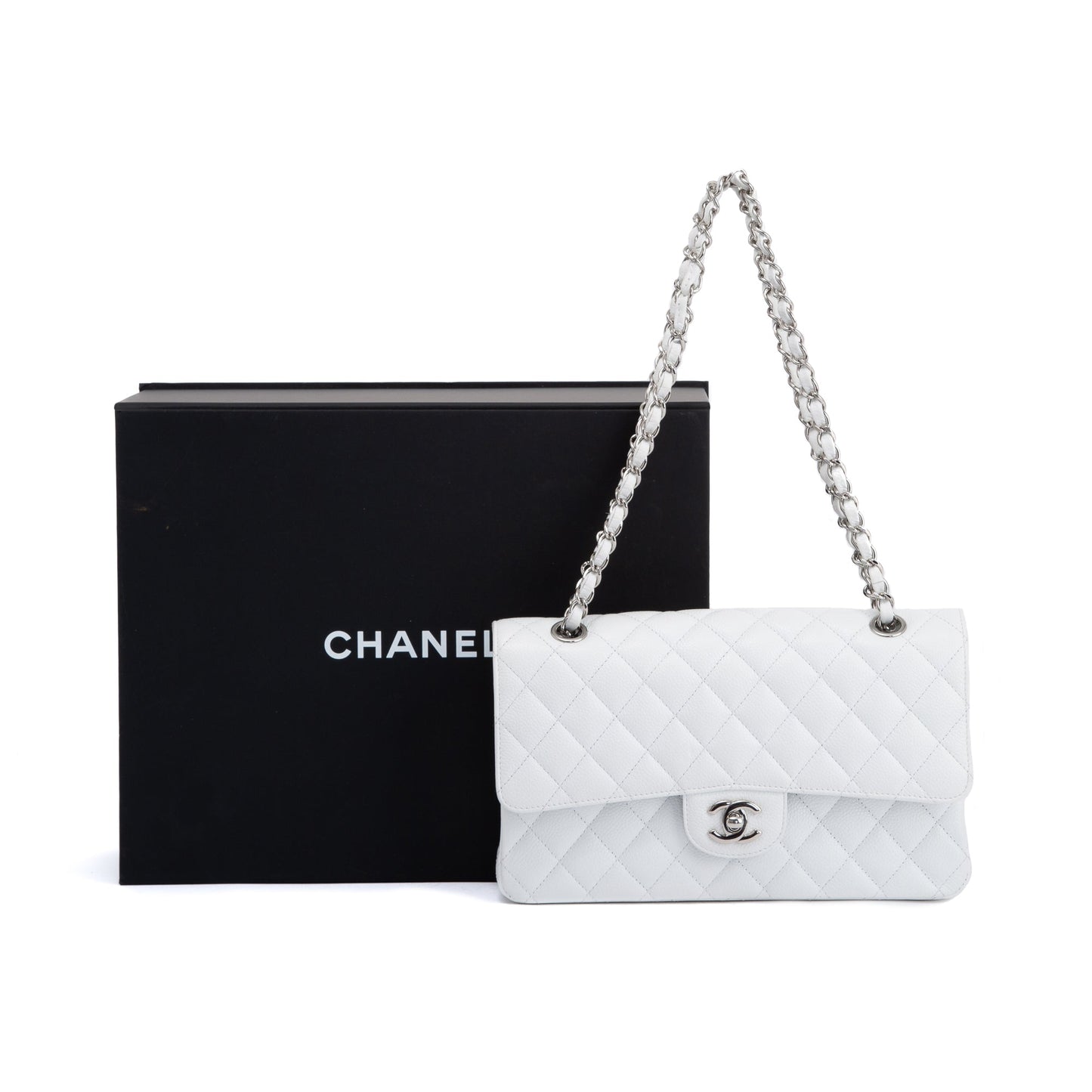 Chanel Caviar Classic Double Flap White Travel Bag