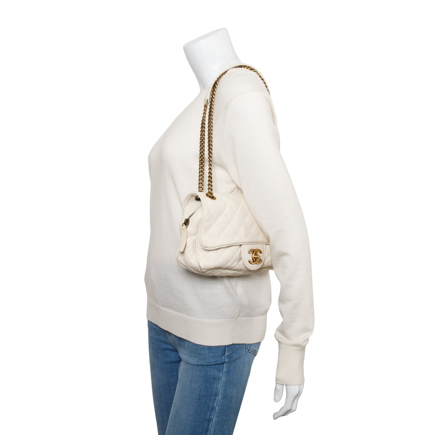 Chanel Caviar Easy Flap Leather White Travel Bag
