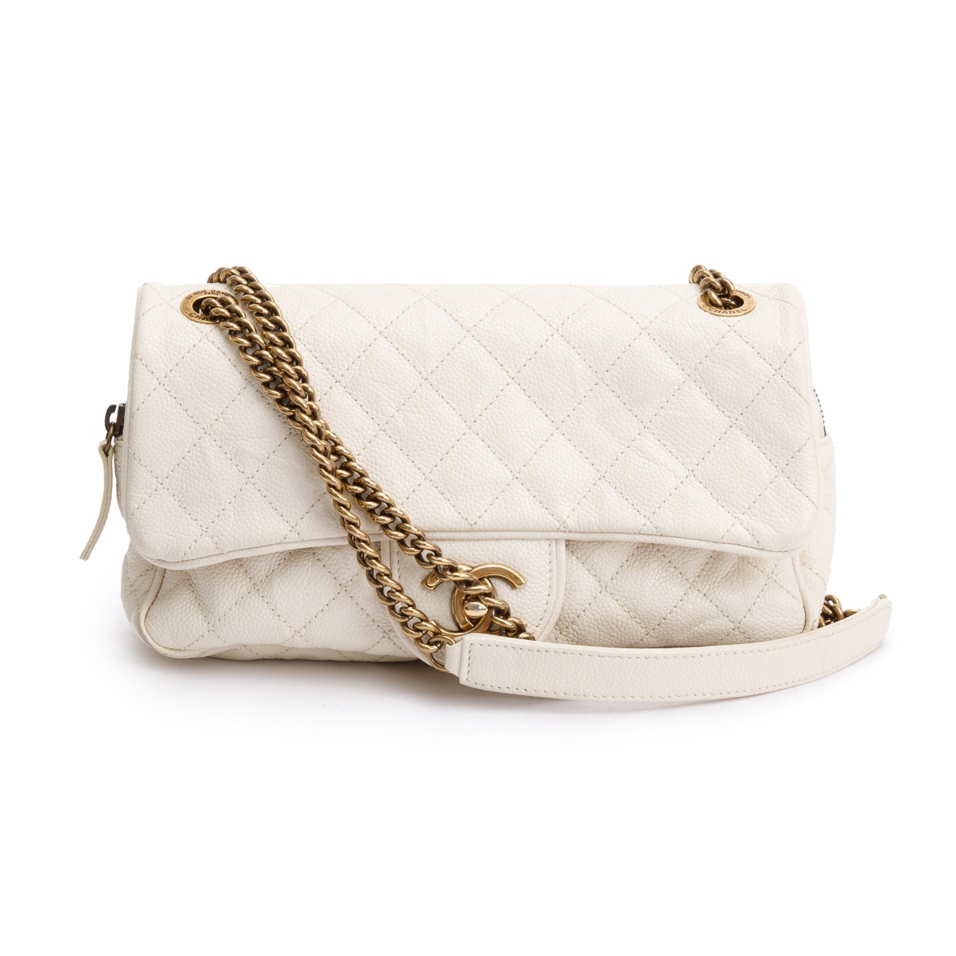 Chanel Caviar Easy Flap Leather White Travel Bag