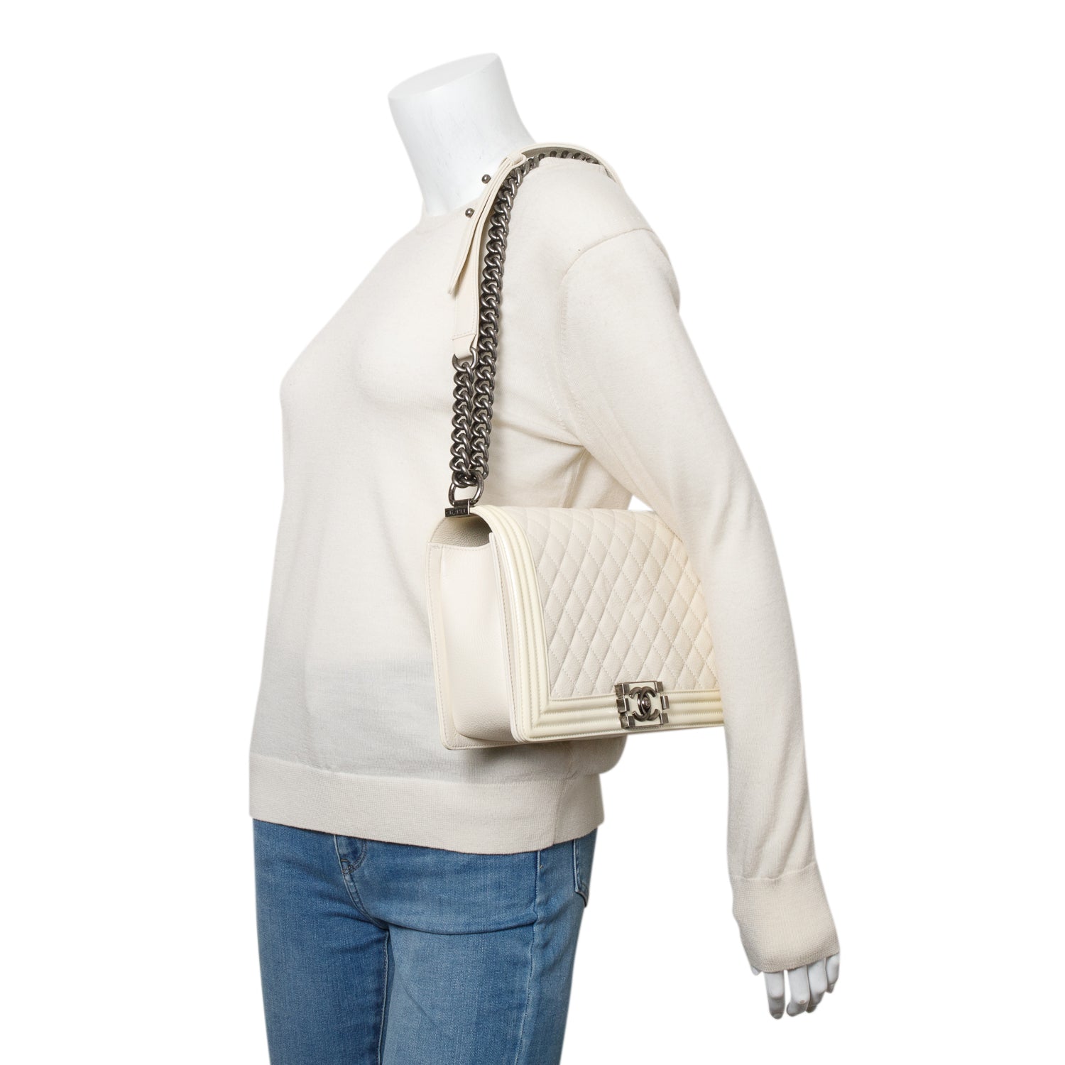 Chanel Quilted Patent Trim Boy Leather Calfskin White Travel Bag