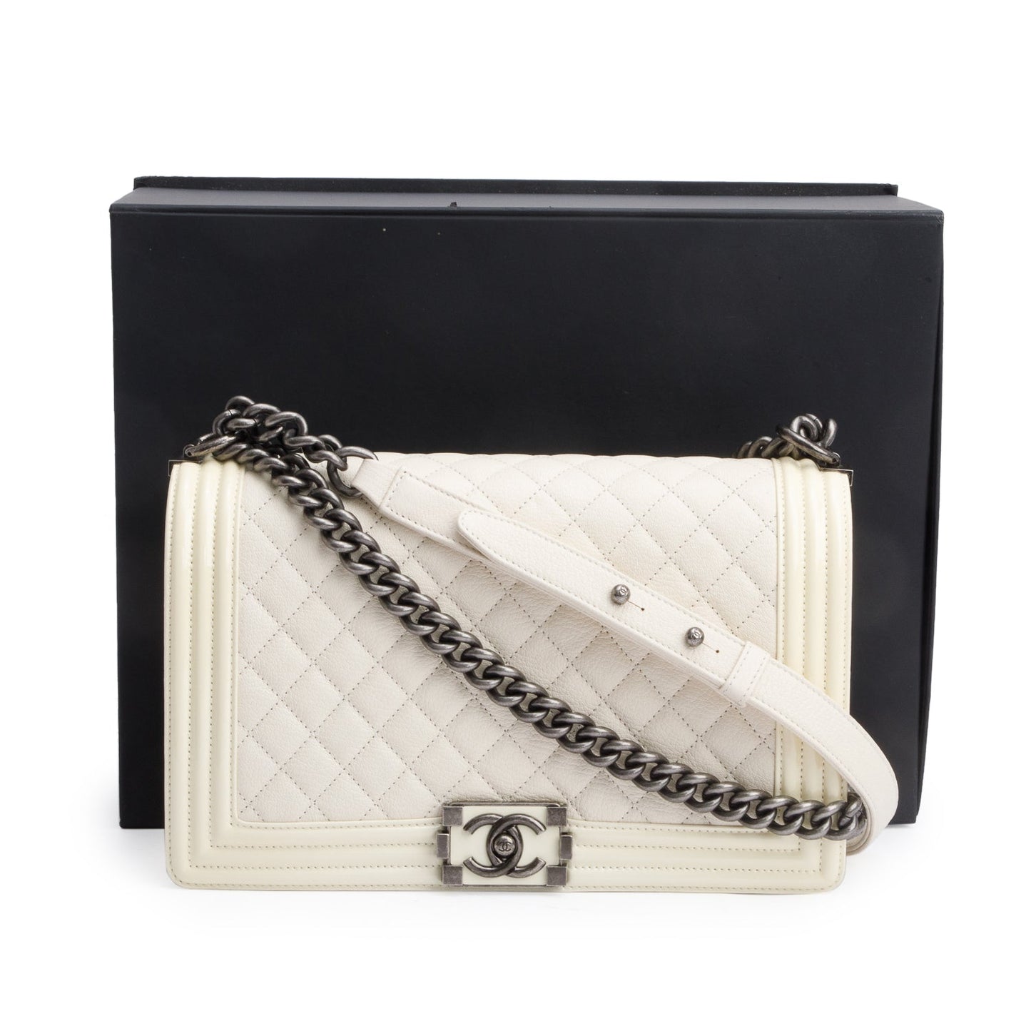 Chanel Quilted Patent Trim Boy Leather Calfskin White Travel Bag