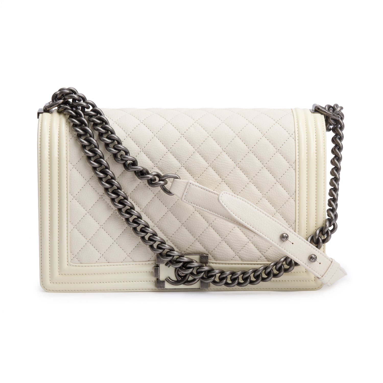 Chanel Quilted Patent Trim Boy Leather Calfskin White Travel Bag