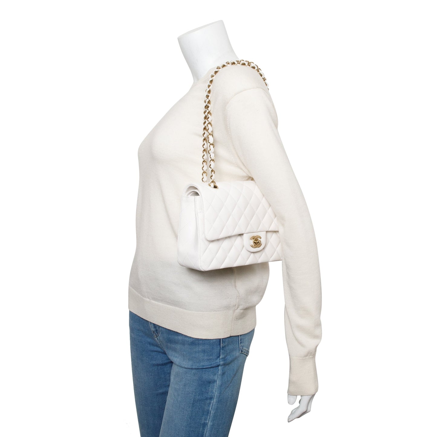Chanel Quilted Caviar Classic Double Flap Leather White Travel Bag