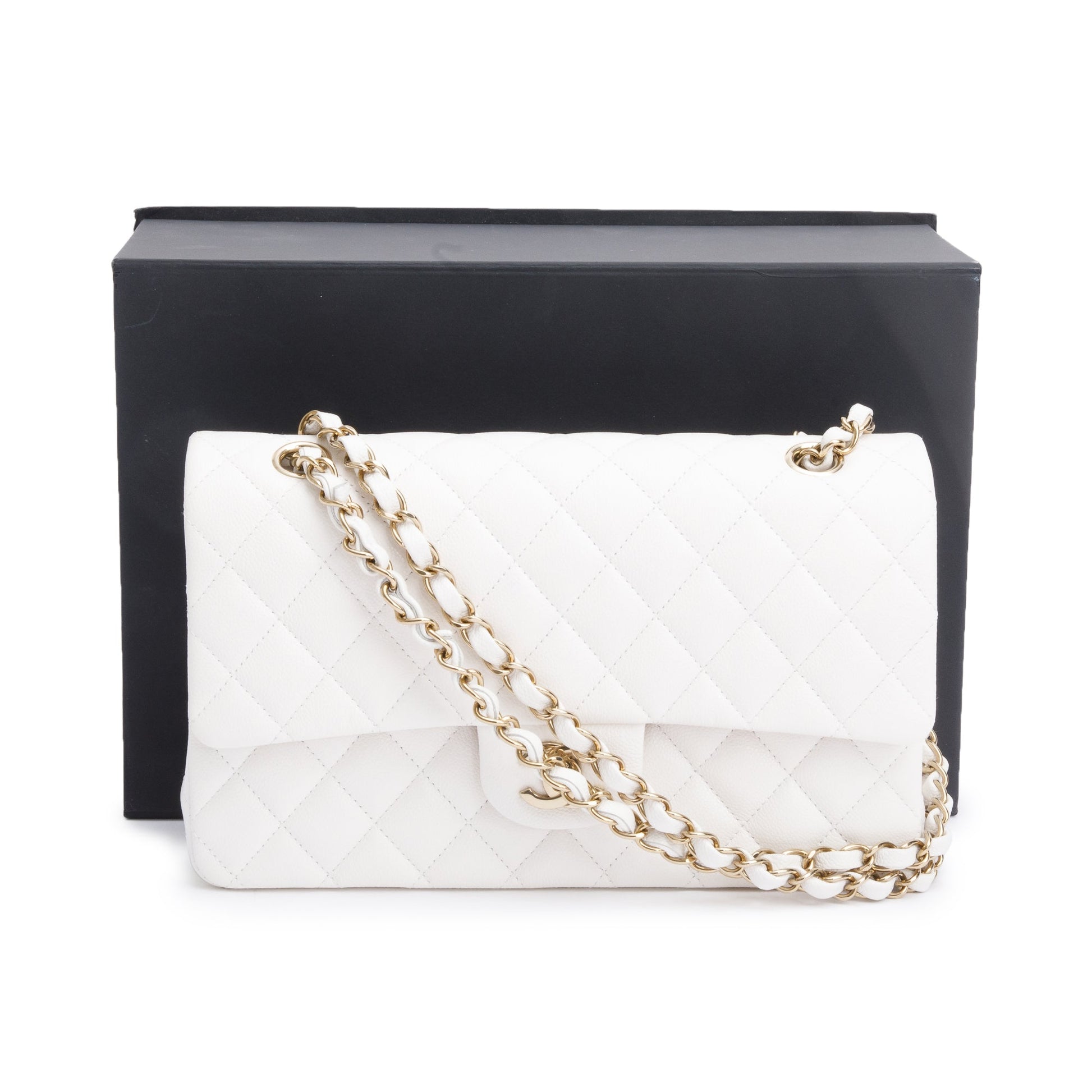 Chanel Quilted Caviar Classic Double Flap Leather White Travel Bag