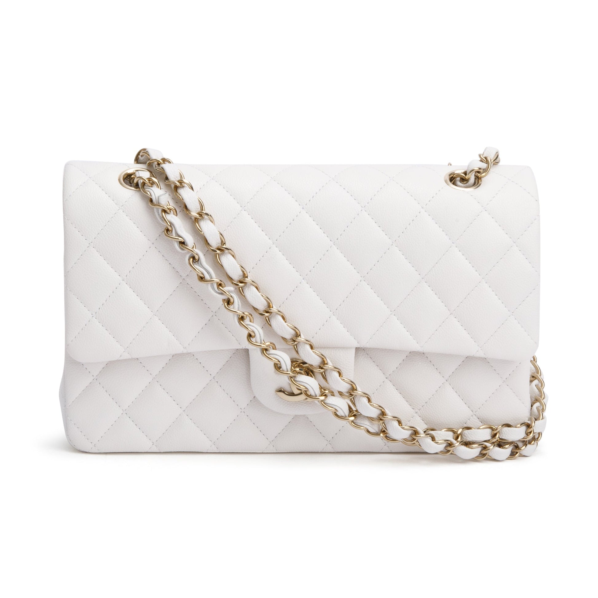 Chanel Quilted Caviar Classic Double Flap Leather White Travel Bag