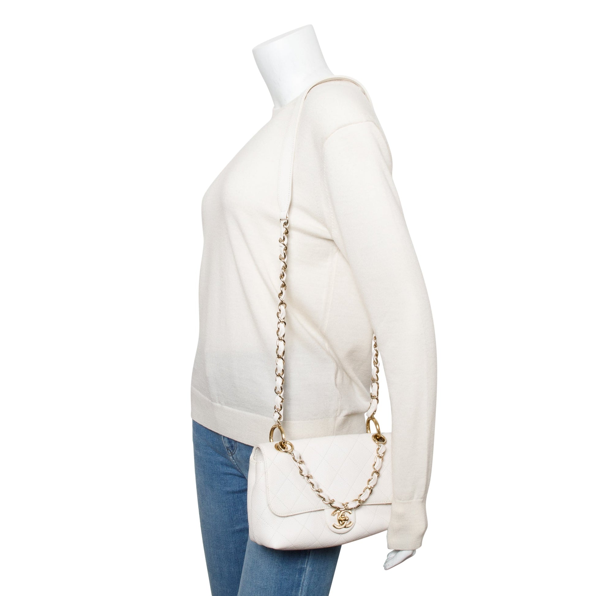 Chanel Quilted Caviar City Walk Flap Leather White Travel Bag