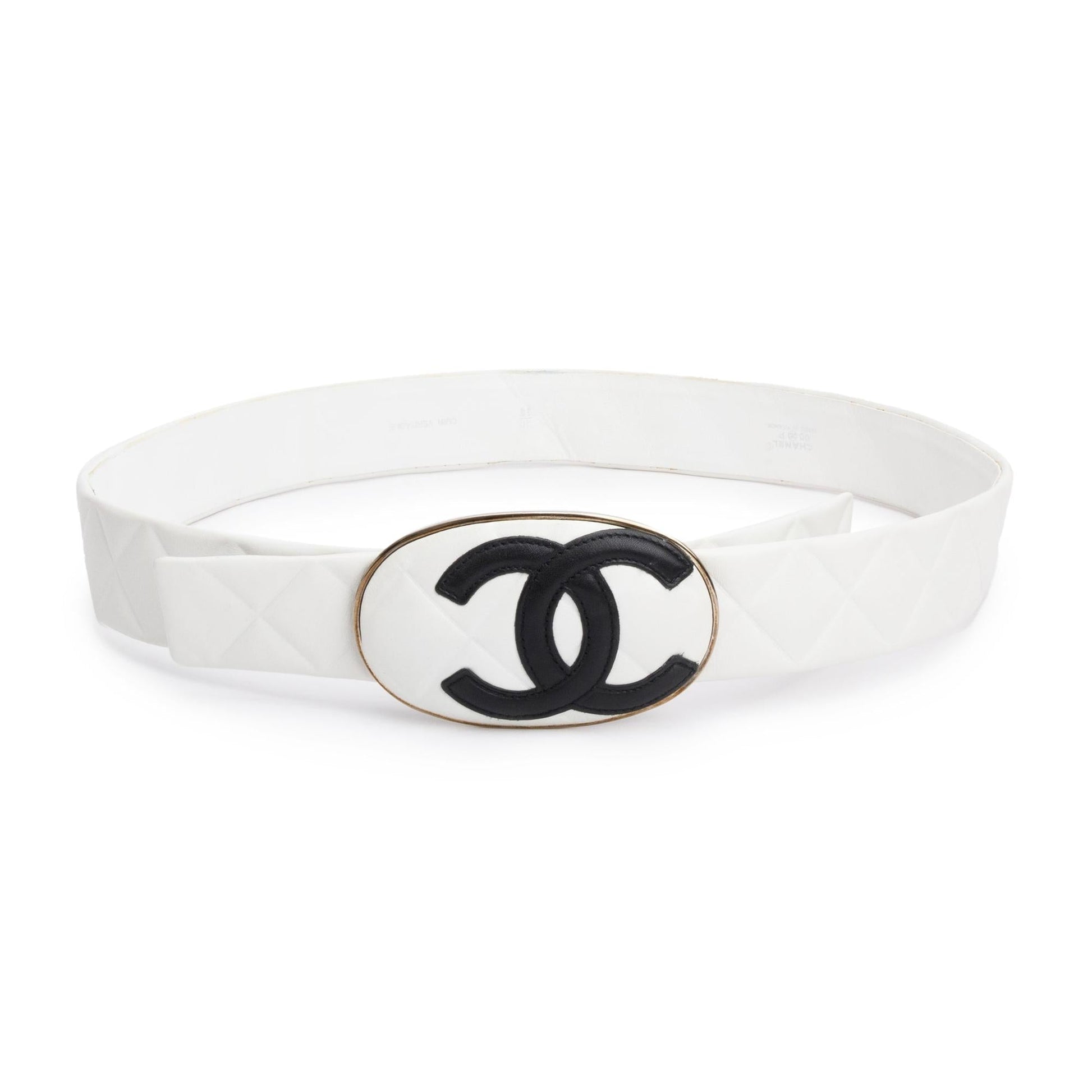 Chanel Quilted Interlocking CC Logo Oval Leather Lambskin White Belt
