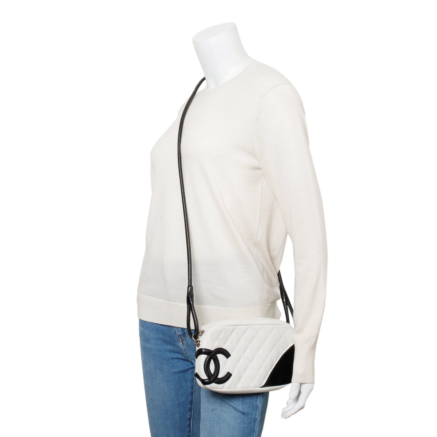 Chanel Ligne Cambon Pochette Leather Calfskin Black White Travel Bag